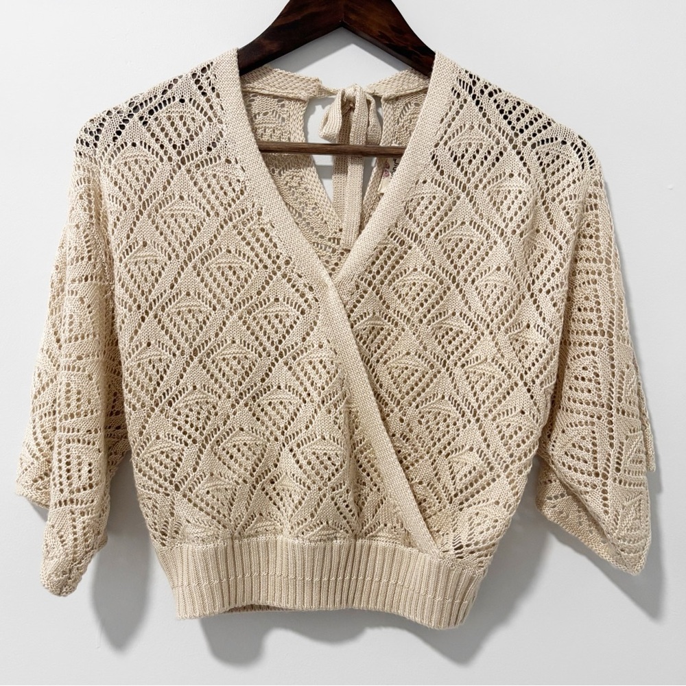 Hippie Rose Open Knit Sweater Womens Size Small Beige Cross Front Wrap‎ Tie Neck